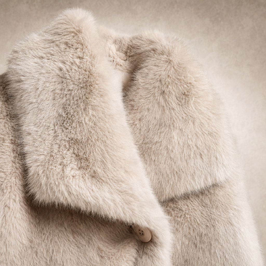 Women's Fluffy Faux Fur Jacket Beige – Fabric and Detail Close-Up