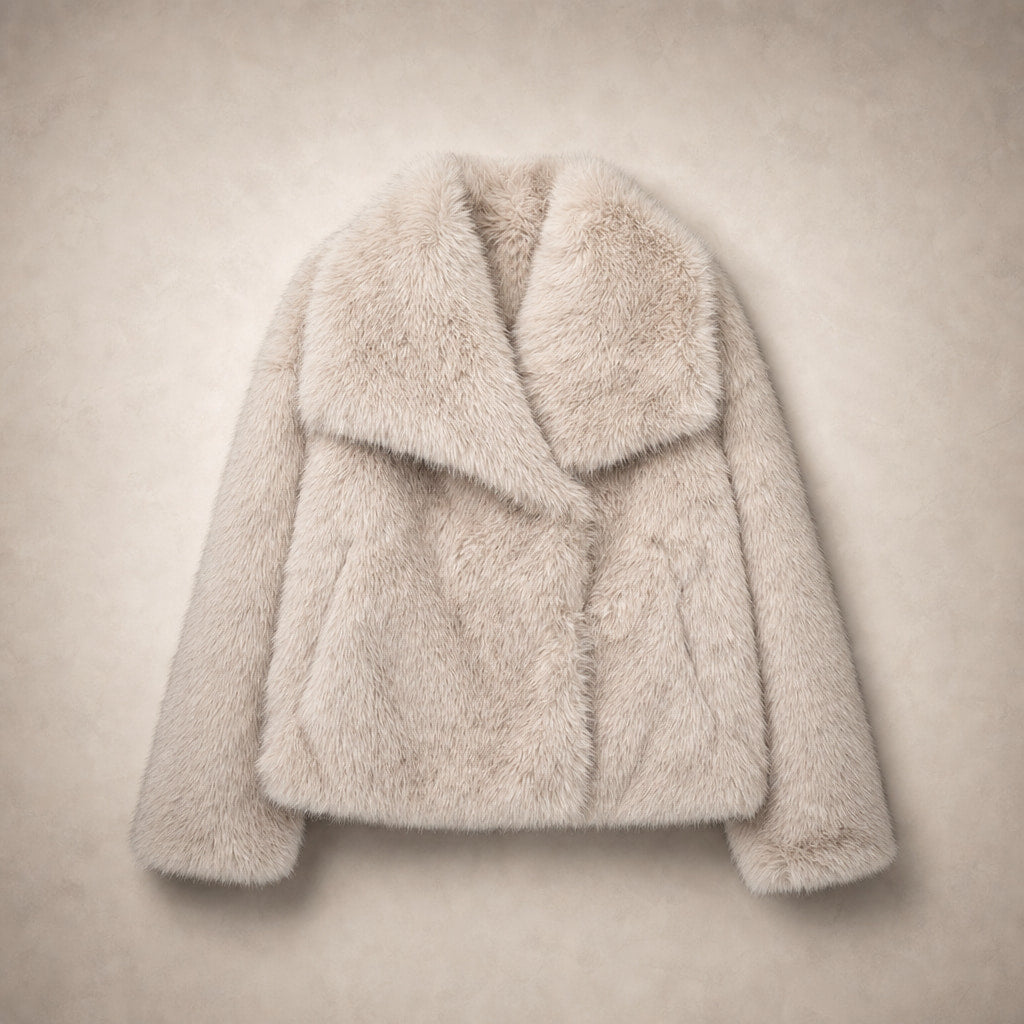 Women's Fluffy Faux Fur Jacket Beige – Flat Lay Product Photo