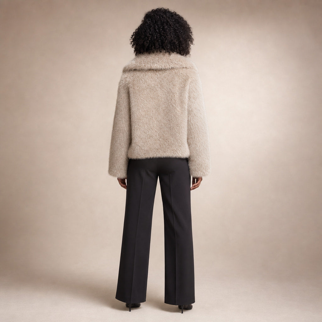 Women's Fluffy Faux Fur Jacket Beige – Full Look