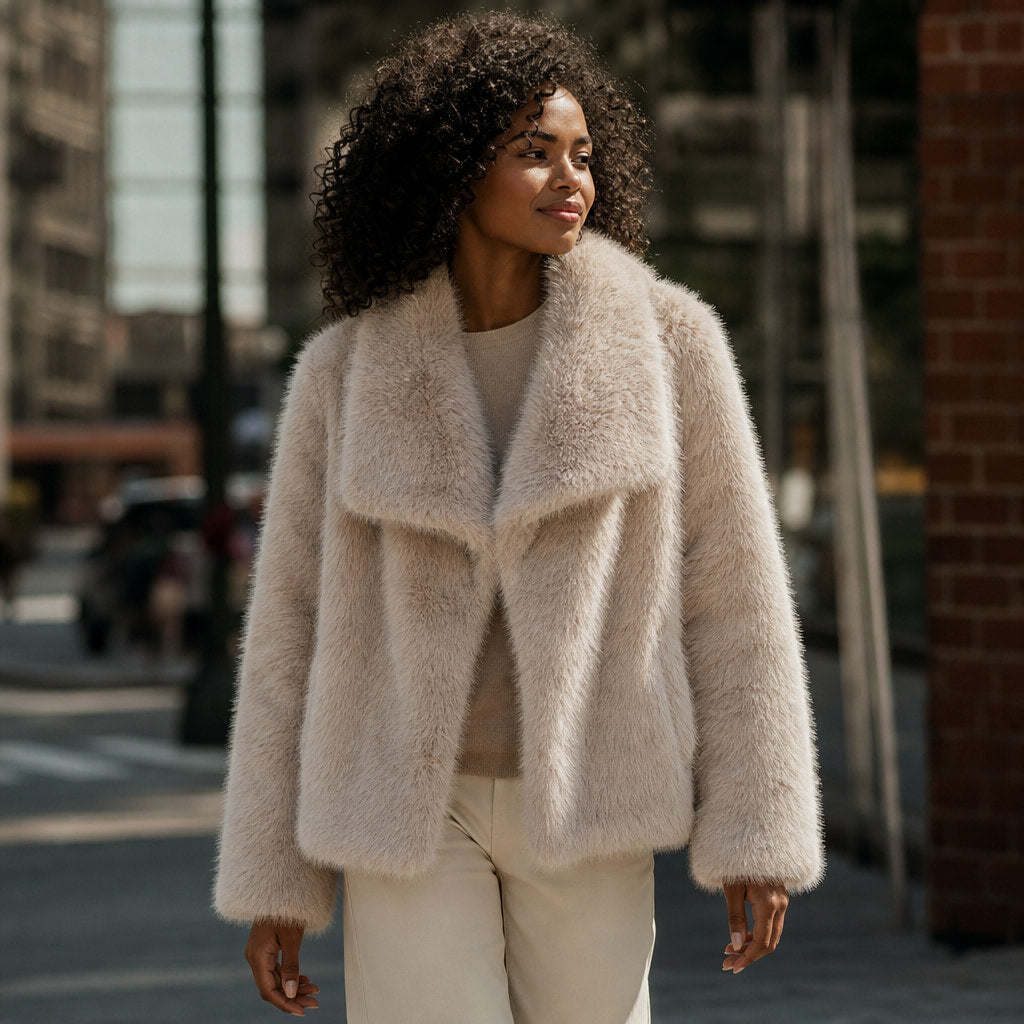 Women's Fluffy Faux Fur Jacket Beige – Styled Editorial Shot