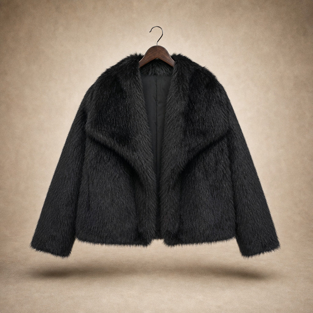Women's Fluffy Faux Fur Jacket Black – Product Photo