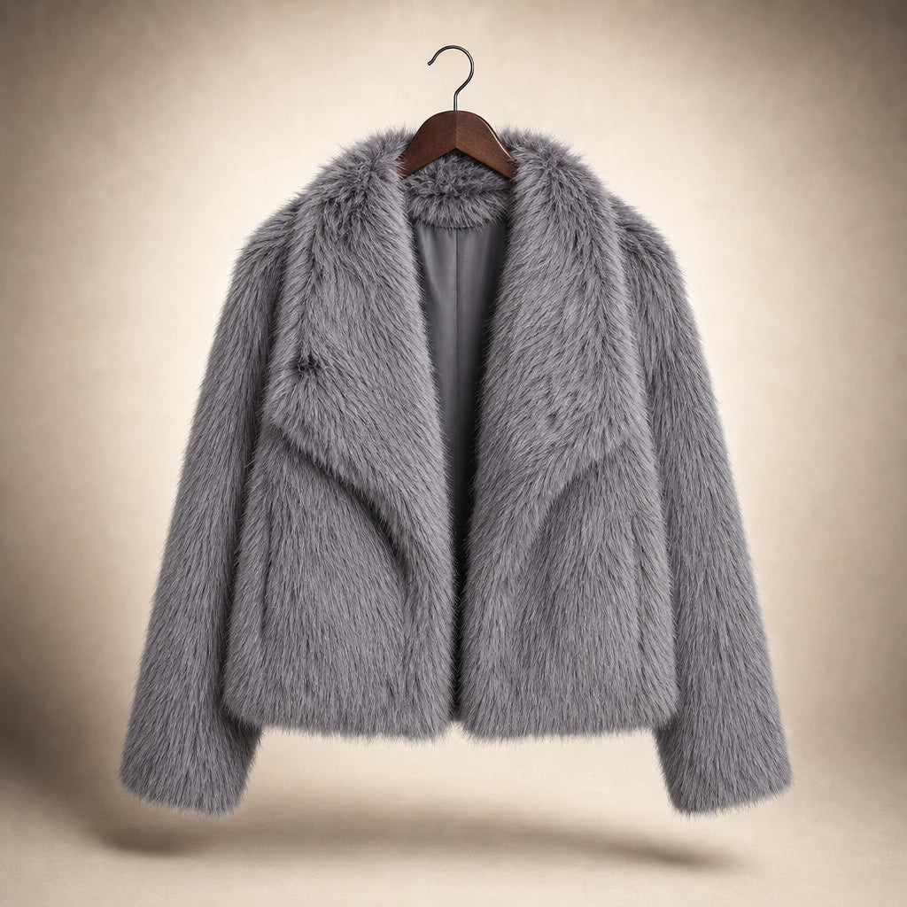 Women's Fluffy Faux Fur Jacket Grey – Product Photo