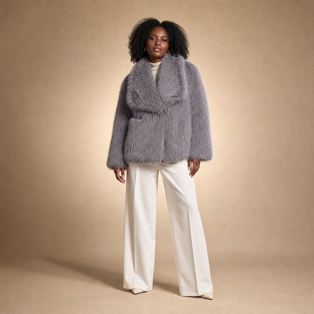 Women's Fluffy Faux Fur Jacket in Grey – Mampierimoda Premium Womenswear