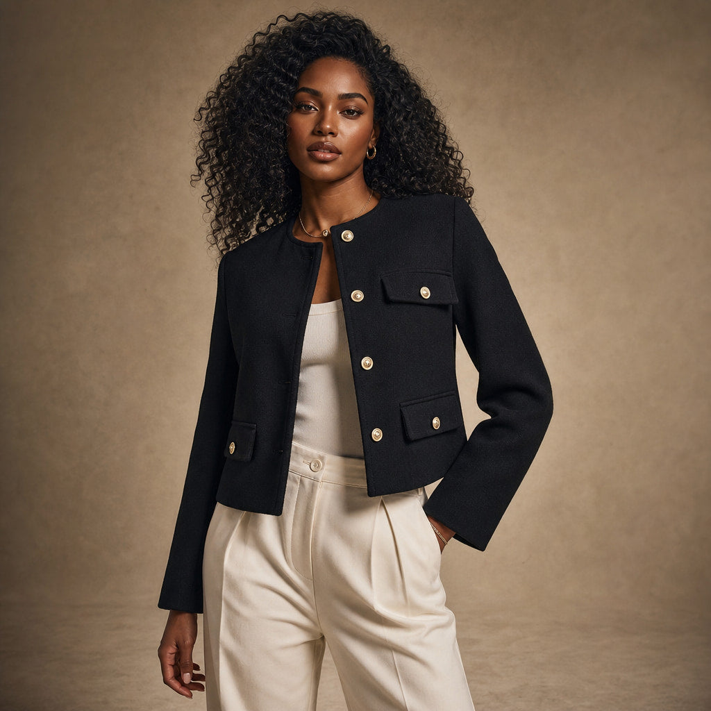 Women's Grace Pearl Button Cropped Jacket Black – Product Photo