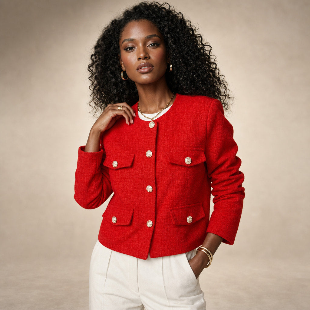 Women's Grace Pearl Button Cropped Jacket Red – Product Photo