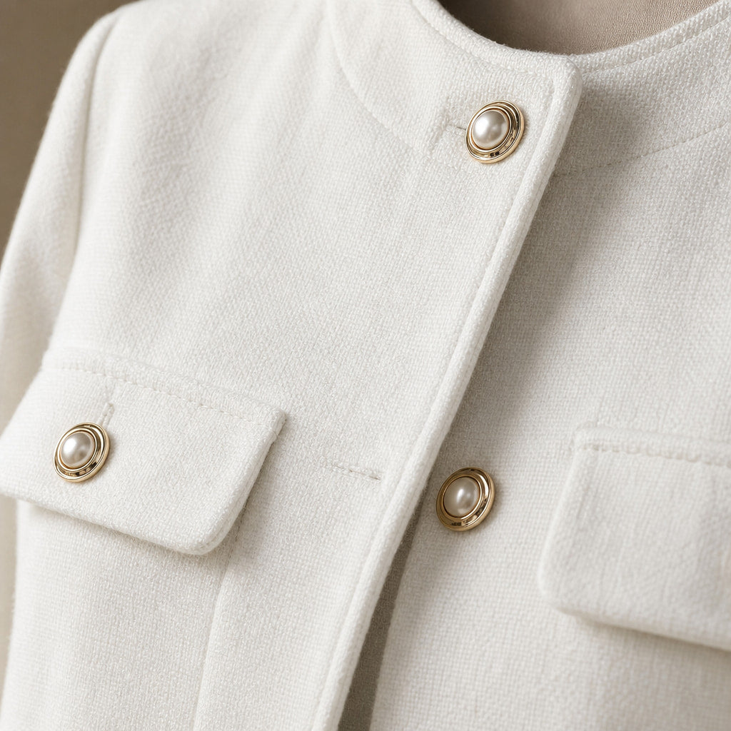 Women's Grace Pearl Button Cropped Jacket White – Fabric and Detail Close-Up