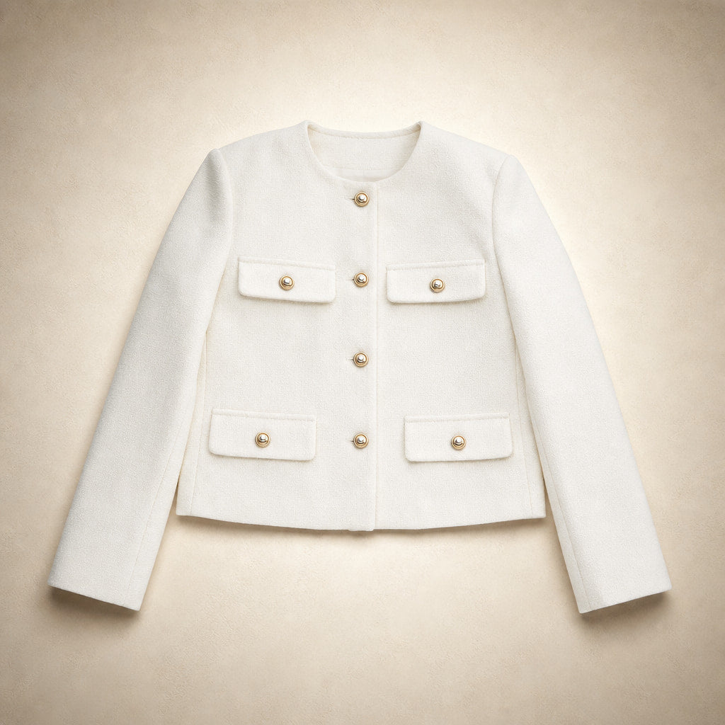 Women's Grace Pearl Button Cropped Jacket White – Flat Lay Product Photo
