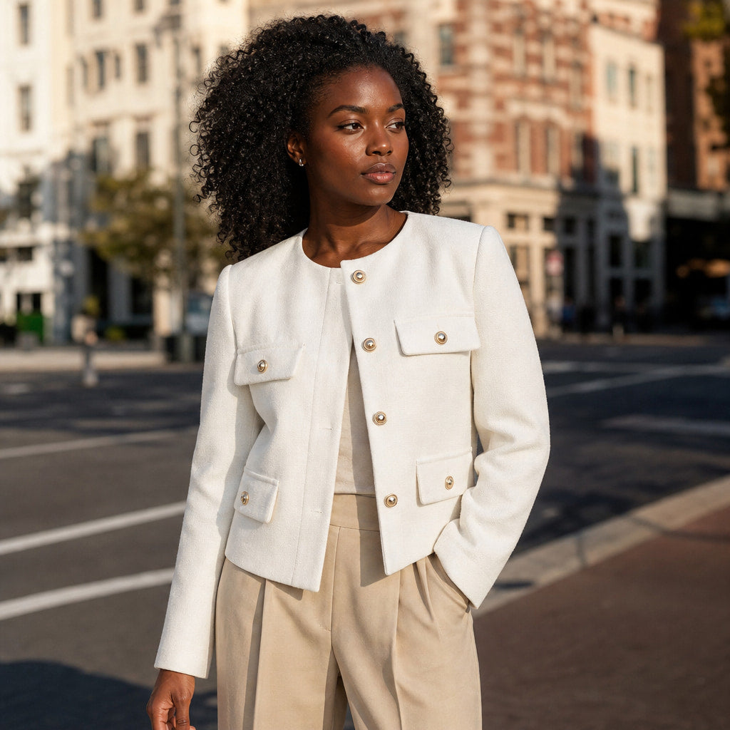 Women's Grace Pearl Button Cropped Jacket White – Styled Editorial Shot