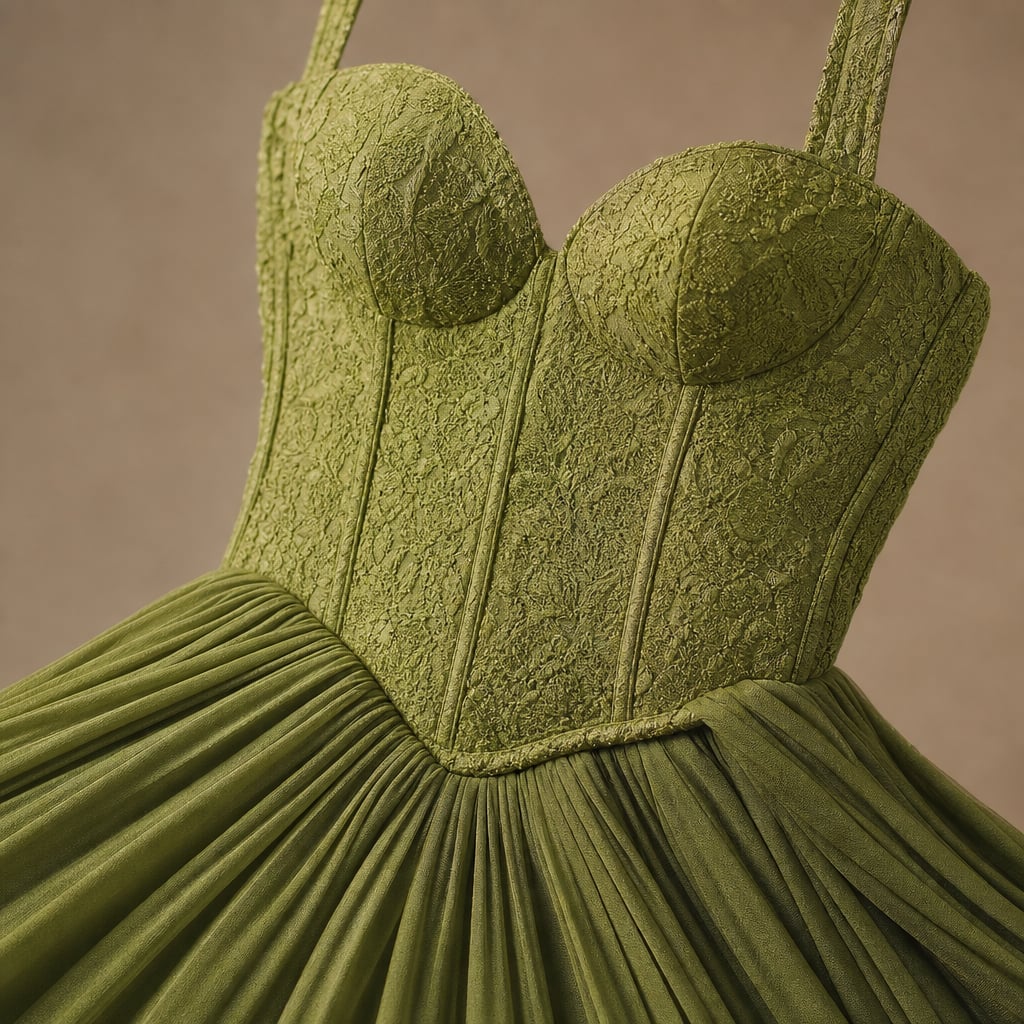 Women's green pleated corset Maxi dress Green – Fabric and Detail Close-Up