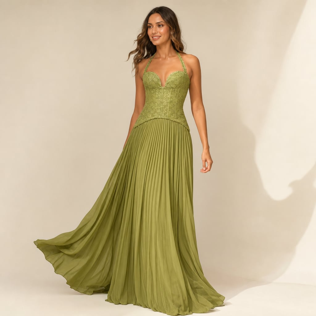 Women's green pleated corset Maxi dress Green – Product Photo