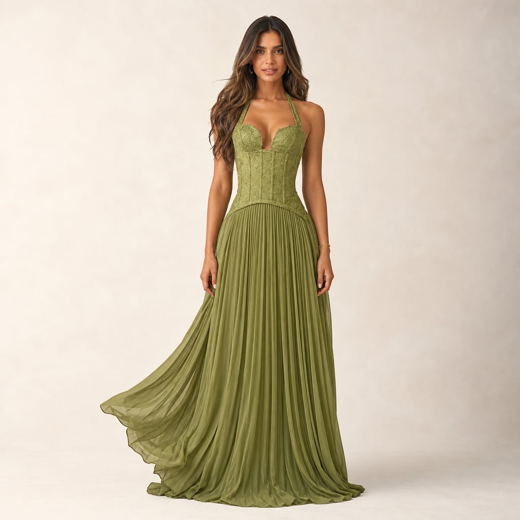 Women's green pleated corset Maxi dress in Green – Mampierimoda Premium Womenswear