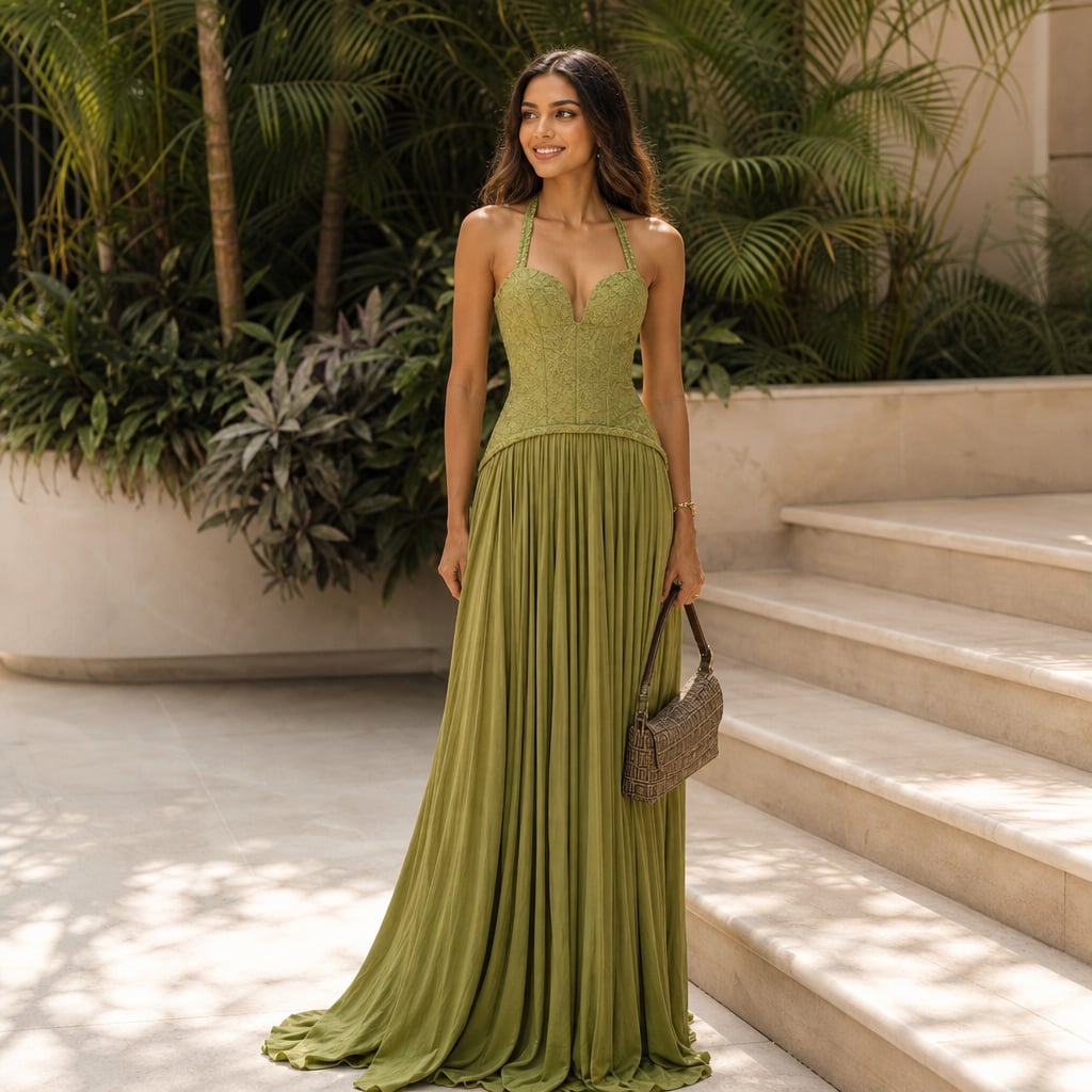 Women's green pleated corset Maxi dress Green – Styled Editorial Shot