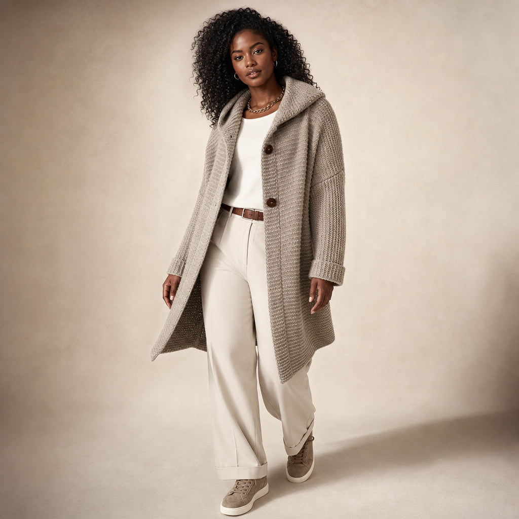Women's Hooded Oversized Cardigan Light Brown – Side Angle View