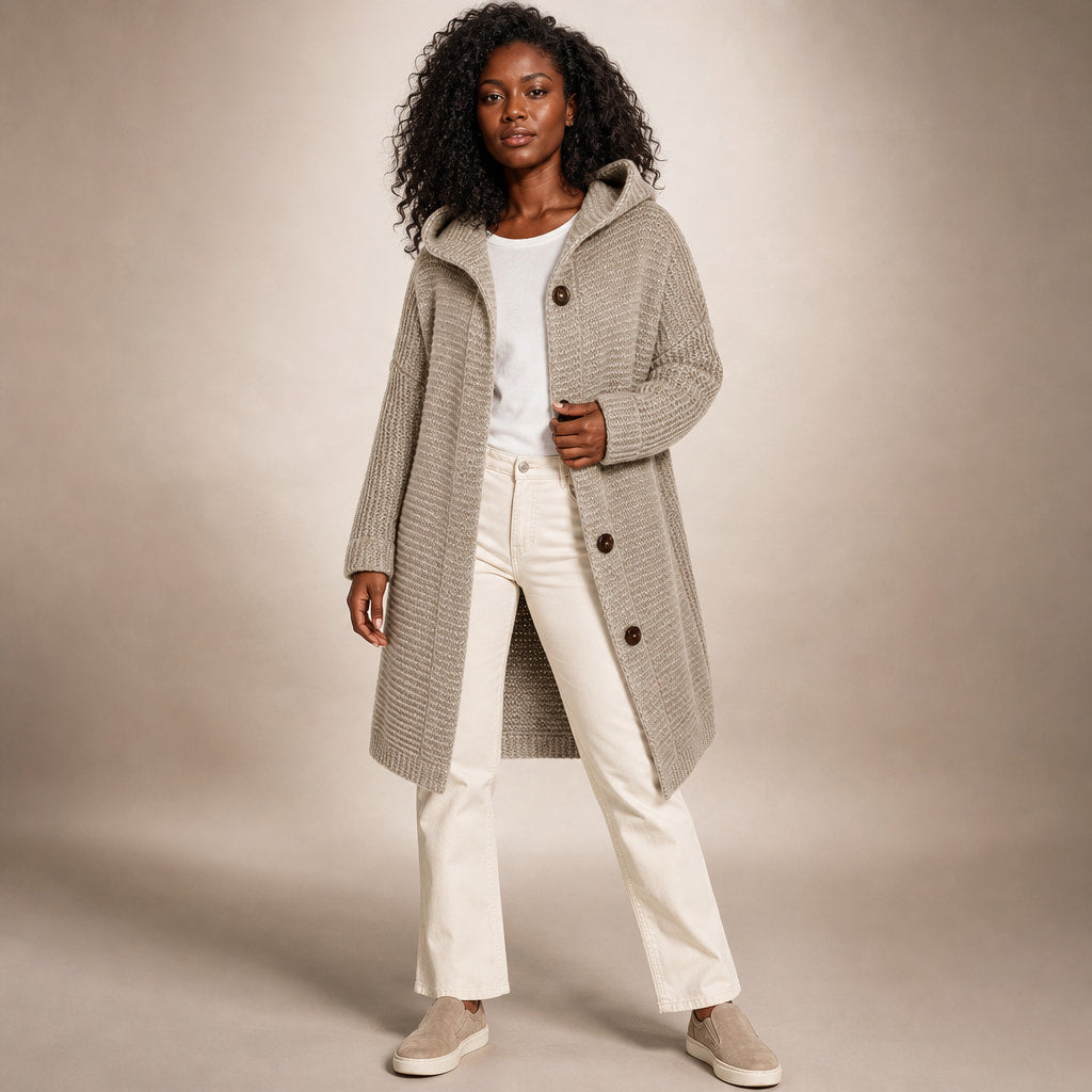 Women's Hooded Oversized Cardigan Light Brown – Full Look