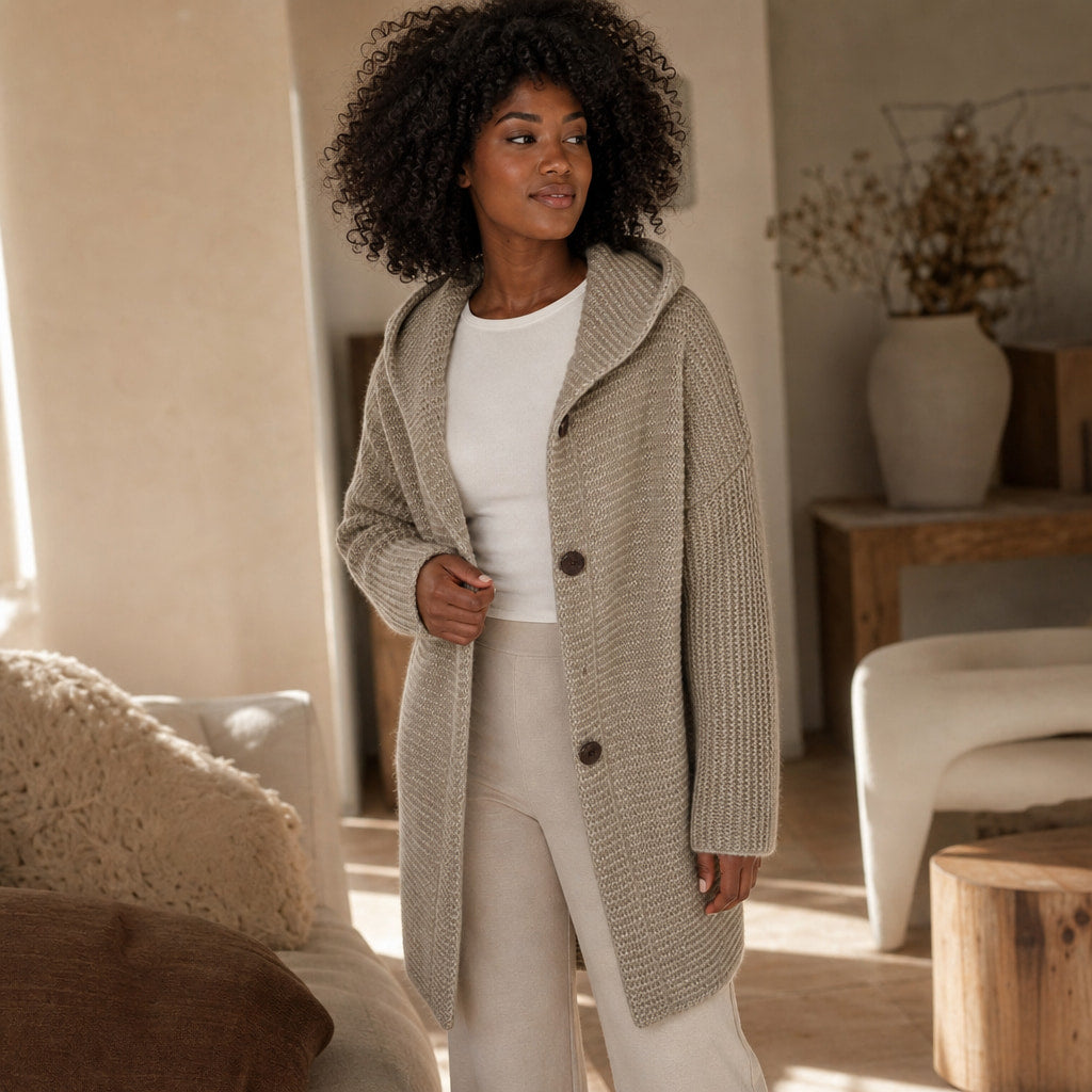 Women's Hooded Oversized Cardigan Light Brown – Styled Editorial Shot