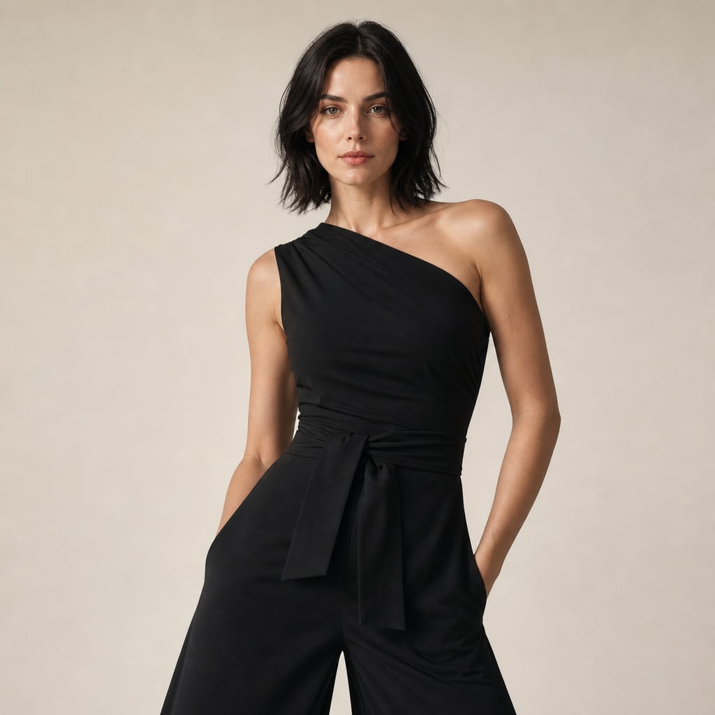 Womens Jumpsuit One Shoulder Wide Leg Off Shoulder Design Black – Product Photo