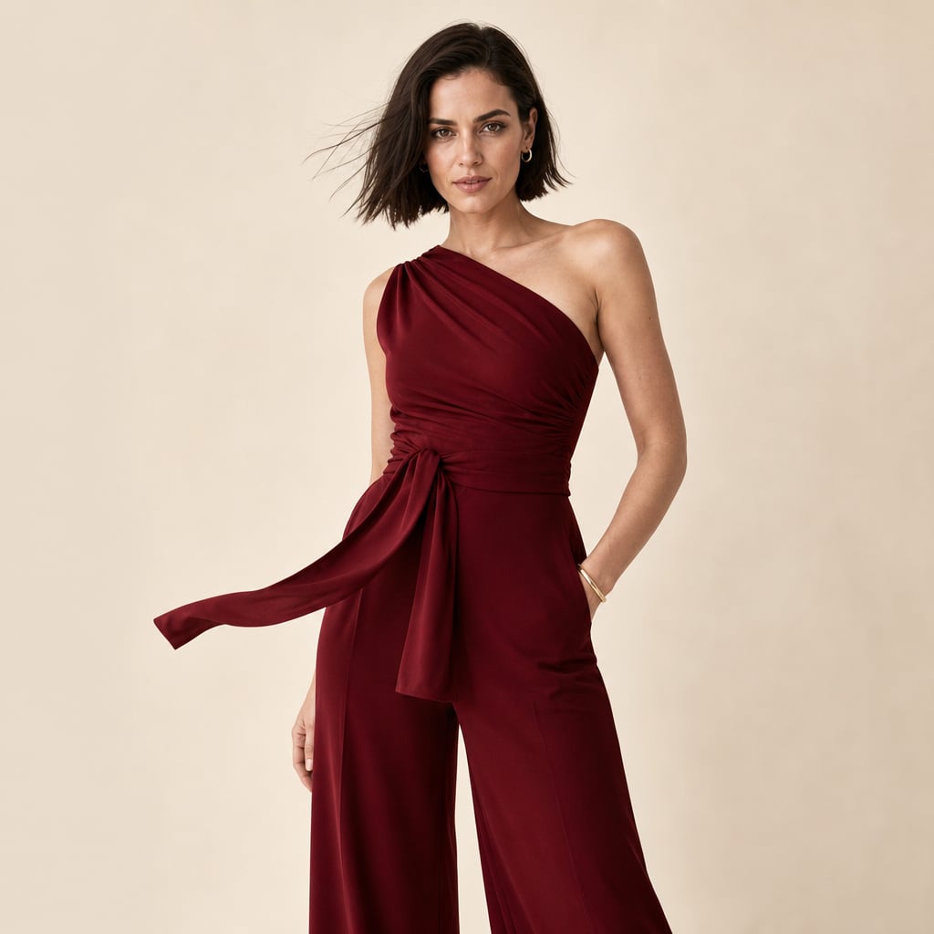 Womens Jumpsuit One Shoulder Wide Leg Off Shoulder Design Burgundy – Side Angle View