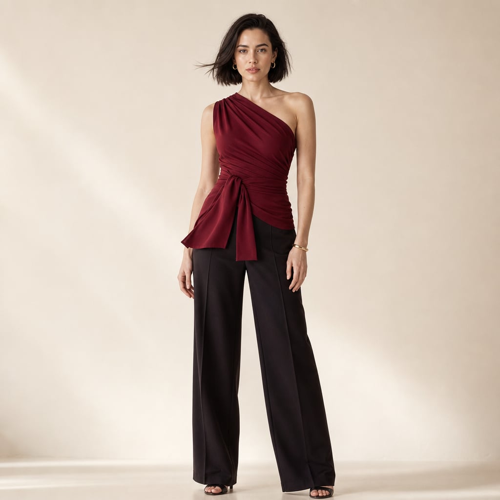Womens Jumpsuit One Shoulder Wide Leg Off Shoulder Design Burgundy – Full Look