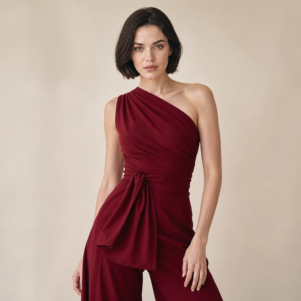 Womens Jumpsuit One Shoulder Wide Leg Off Shoulder Design Burgundy – Product Photo