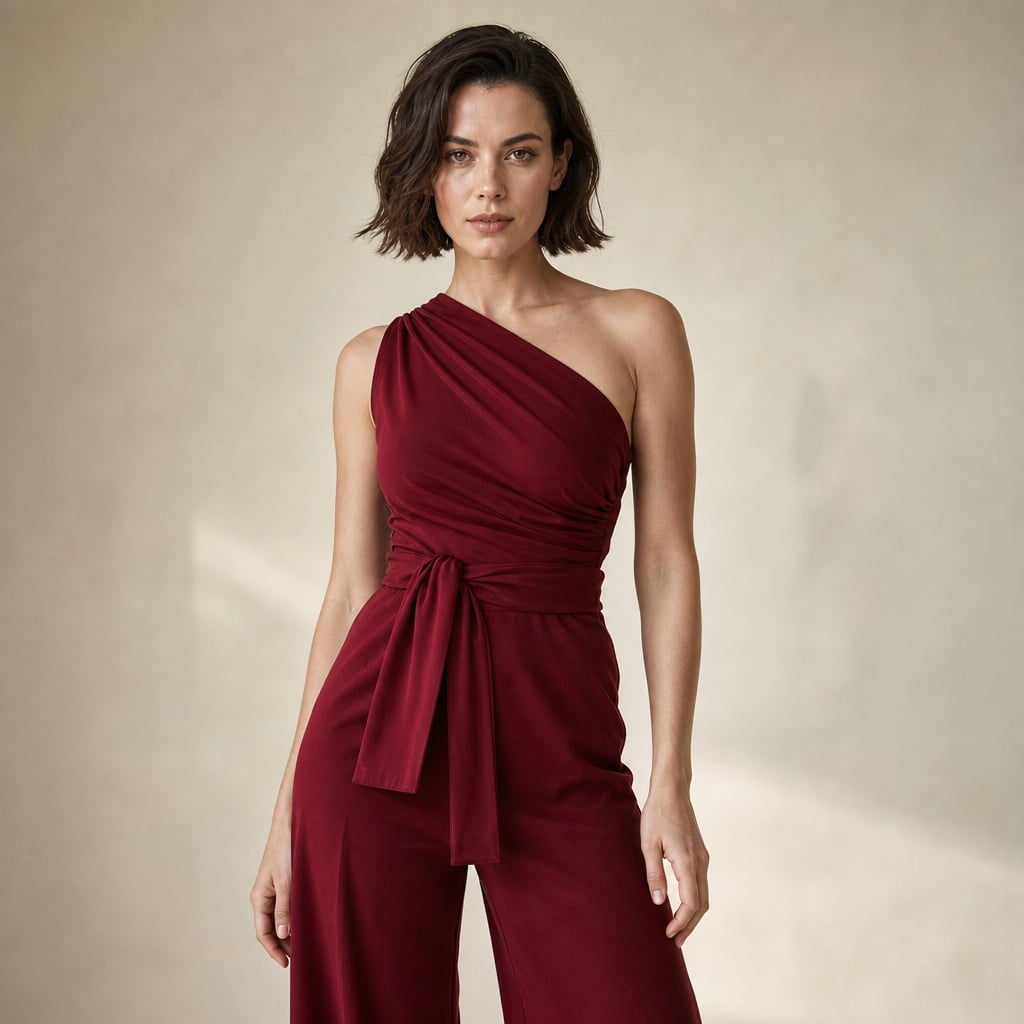 Womens Jumpsuit One Shoulder Wide Leg Off Shoulder Design in Burgundy – Mampierimoda Premium Womenswear