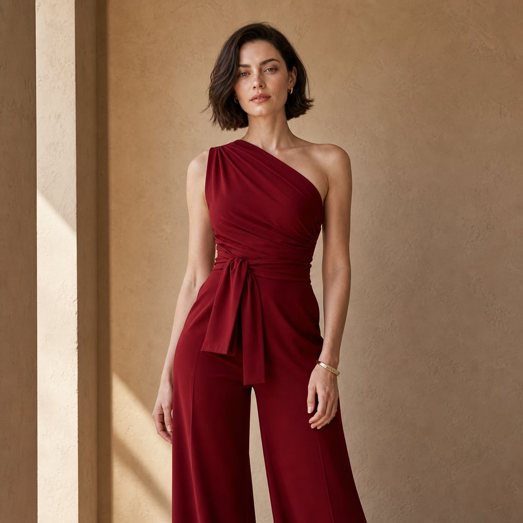 Womens Jumpsuit One Shoulder Wide Leg Off Shoulder Design Burgundy – Styled Editorial Shot
