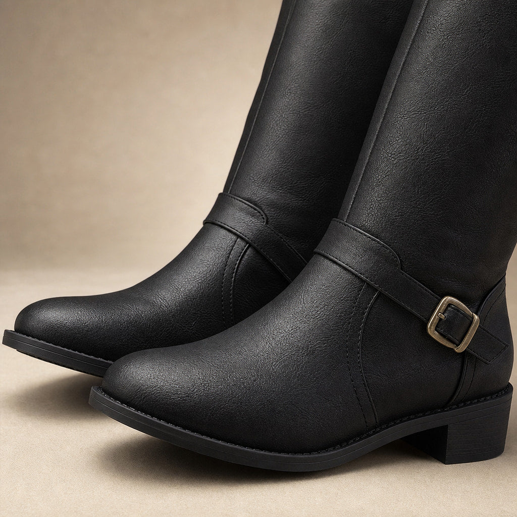 Women's Knee High Boots, Classic Riding Flat Tall Boots with Side Zip Black – Fabric and Detail Close-Up