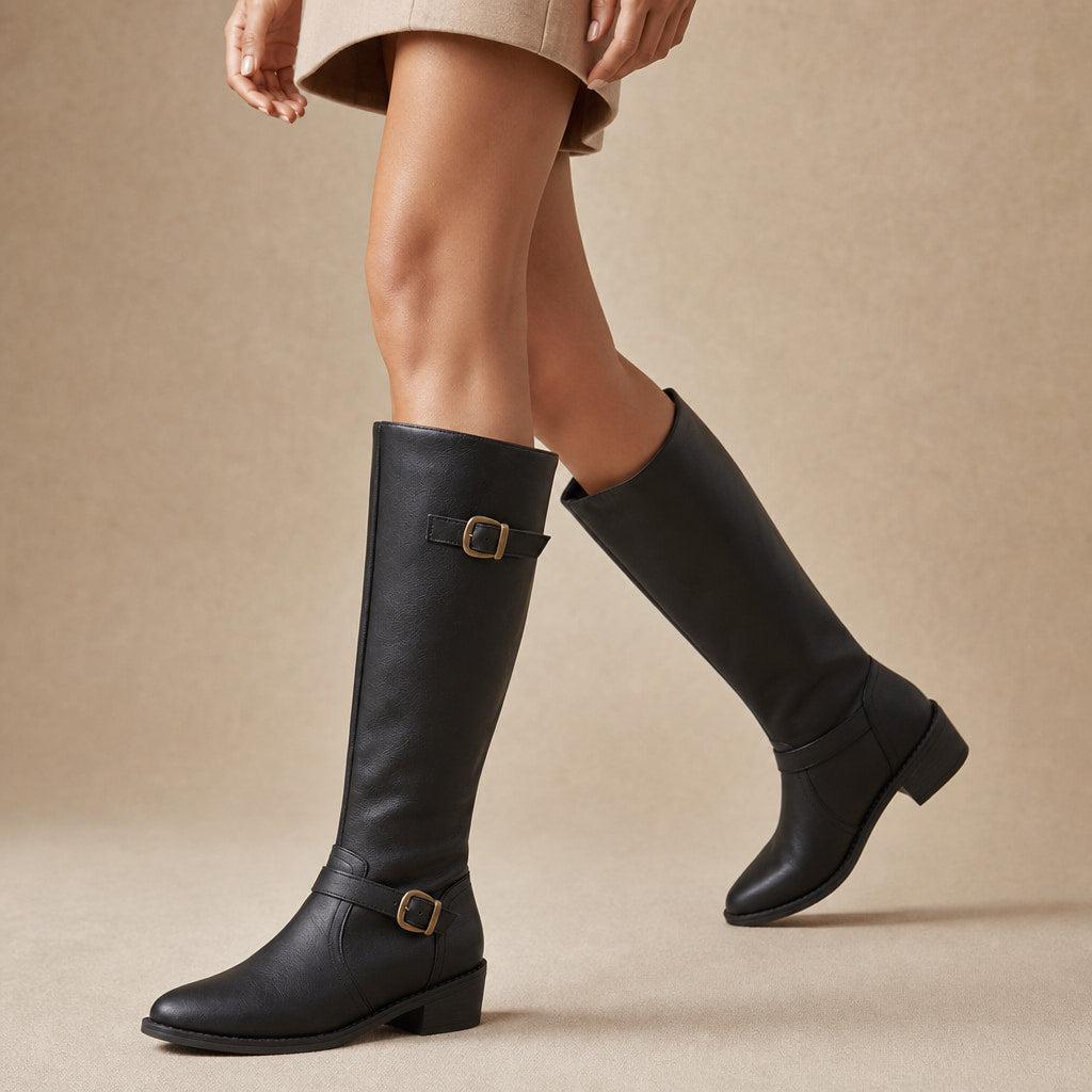 Women's Knee High Boots, Classic Riding Flat Tall Boots with Side Zip Black – Product Photo