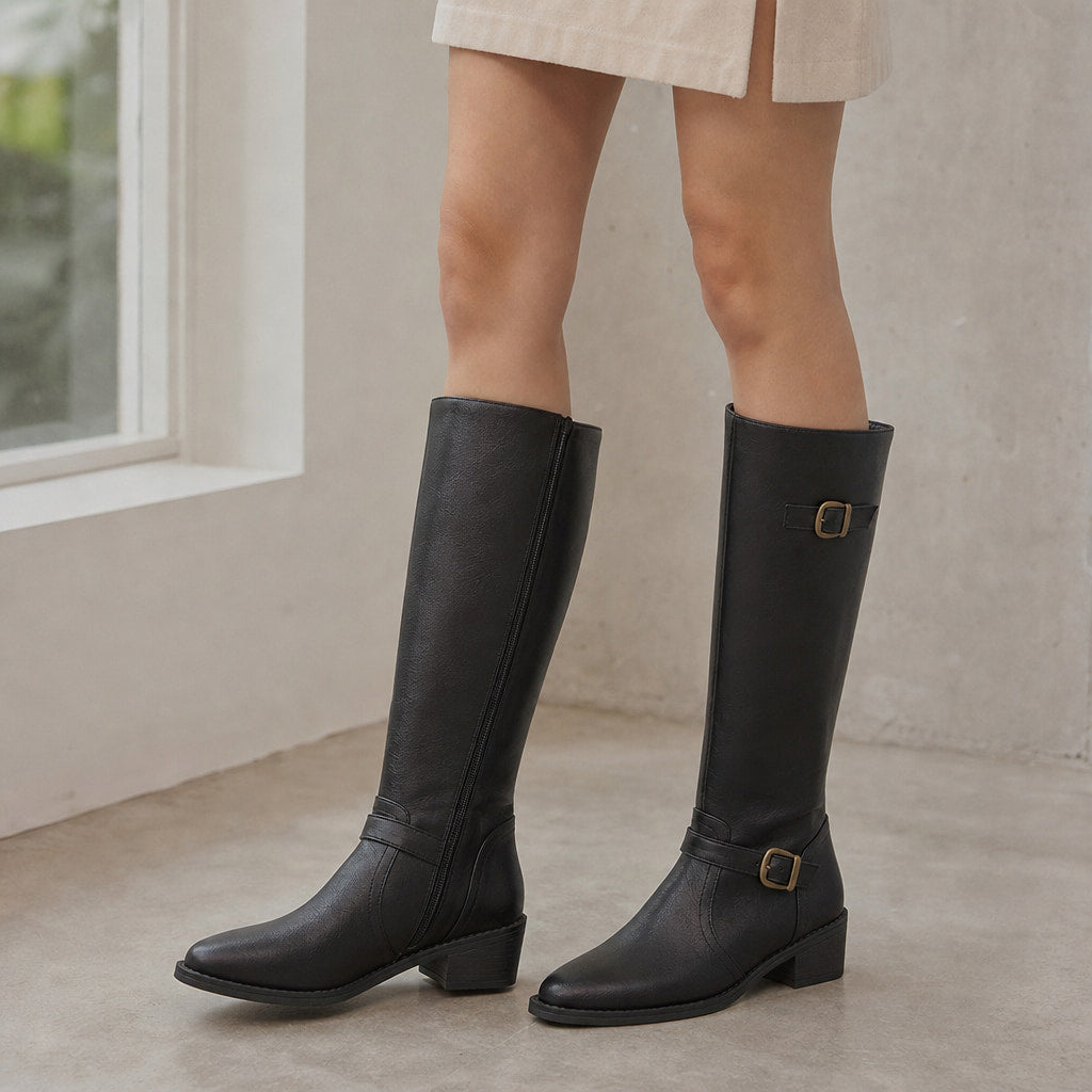 Women's Knee High Boots, Classic Riding Flat Tall Boots with Side Zip Black – Styled Editorial Shot, Detail
