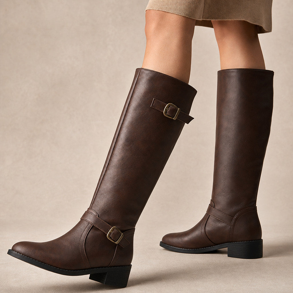 Women's Knee High Boots, Classic Riding Flat Tall Boots with Side Zip in Dark Brown – Mampierimoda Premium Womenswear