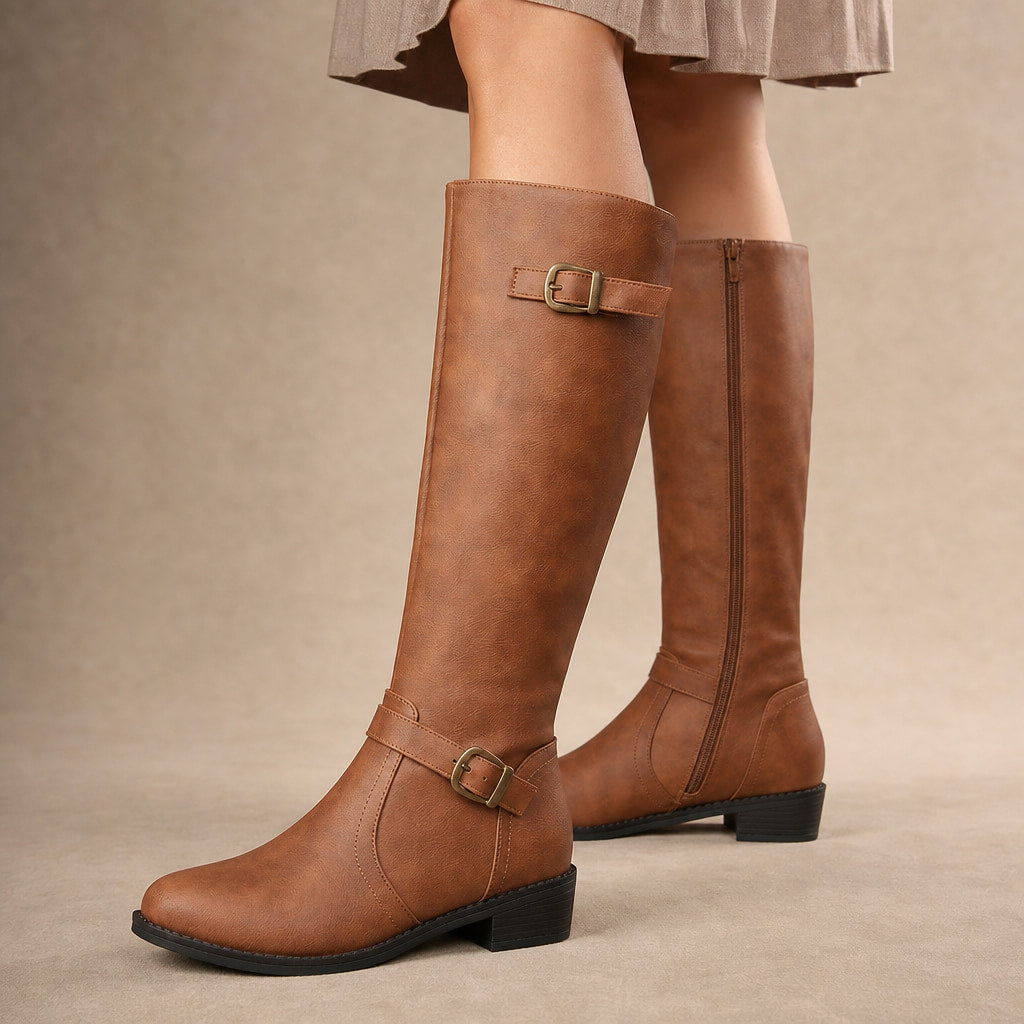 Women's Knee High Boots, Classic Riding Flat Tall Boots with Side Zip Light Brown-1 – Product Photo