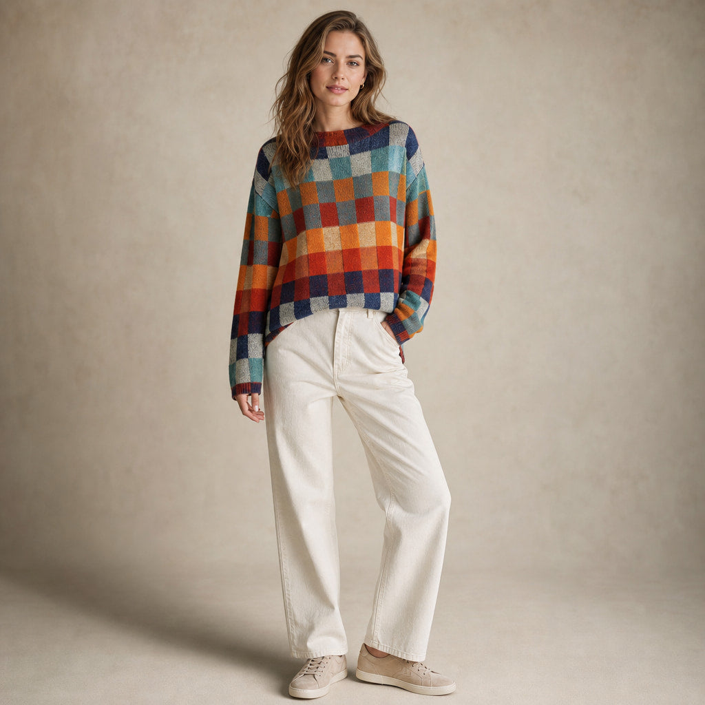 Women's Knit Sweater with Multicolor Plaid Pattern - Oversized Fit Red Orange Green Blue – Side Angle View