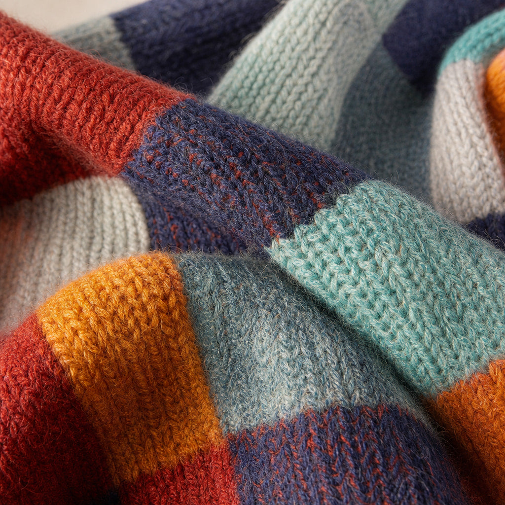 Women's Knit Sweater with Multicolor Plaid Pattern - Oversized Fit Red Orange Green Blue – Fabric and Detail Close-Up