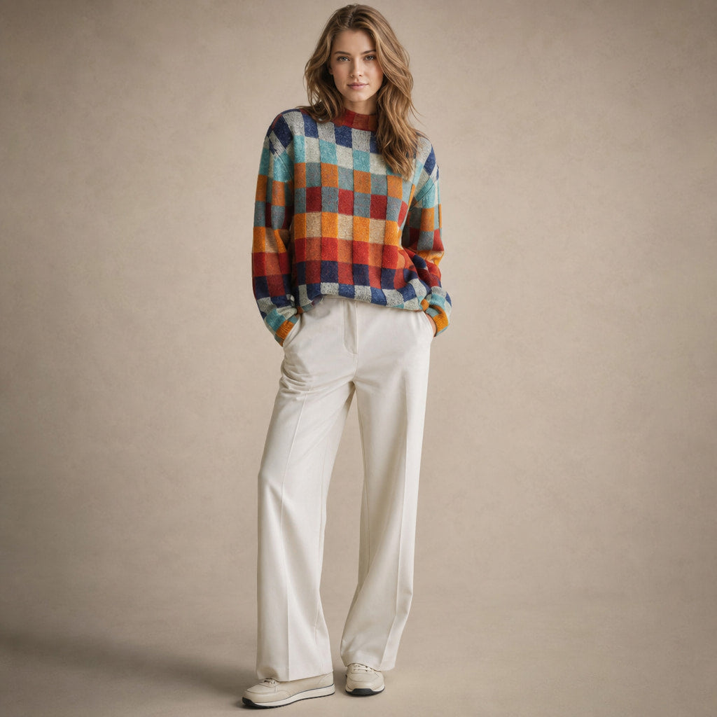 Women's Knit Sweater with Multicolor Plaid Pattern - Oversized Fit Red Orange Green Blue – Full Look