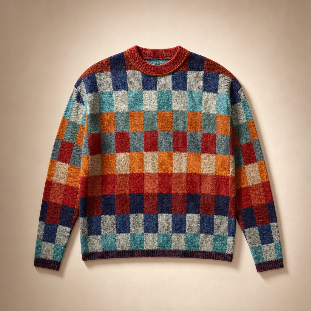 Women's Knit Sweater with Multicolor Plaid Pattern - Oversized Fit Red Orange Green Blue – Product Photo