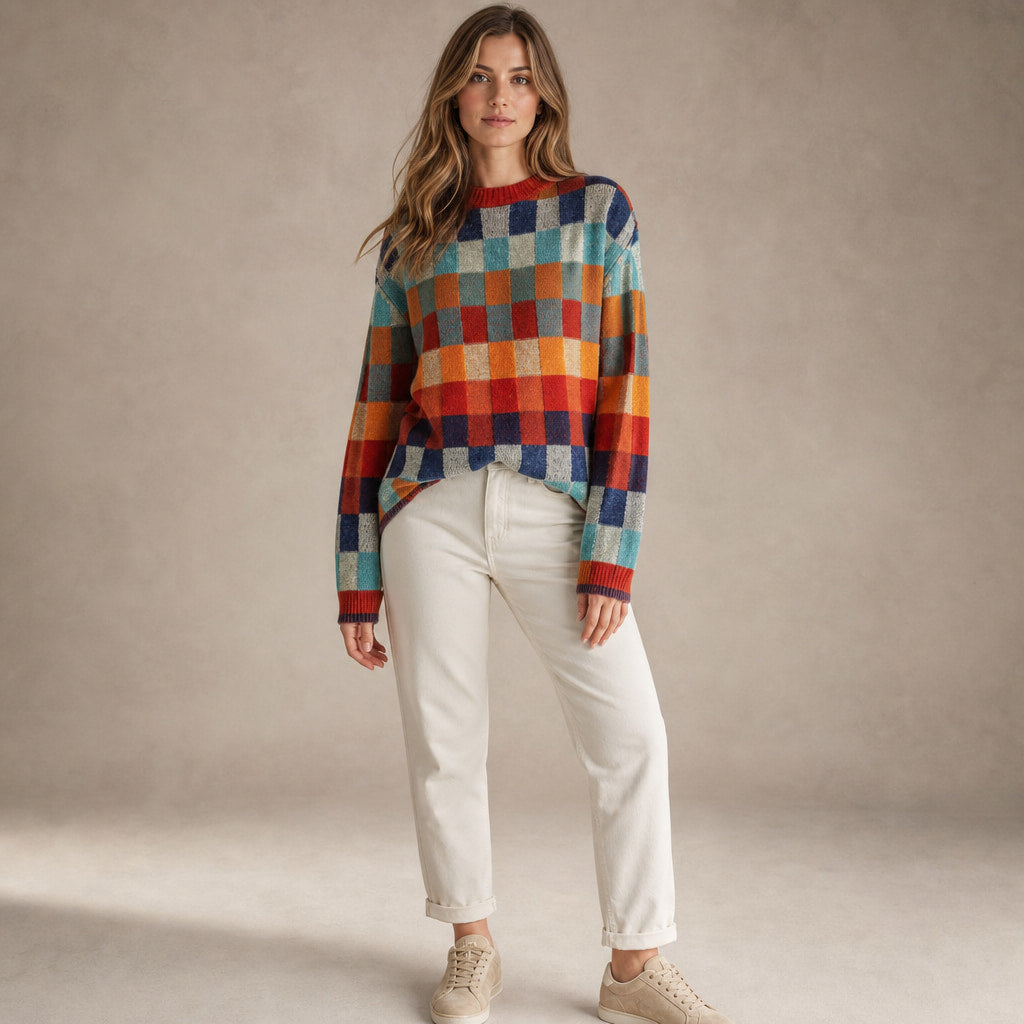 Women's Knit Sweater with Multicolor Plaid Pattern - Oversized Fit in Red Orange Green Blue – Mampierimoda Premium Womenswear