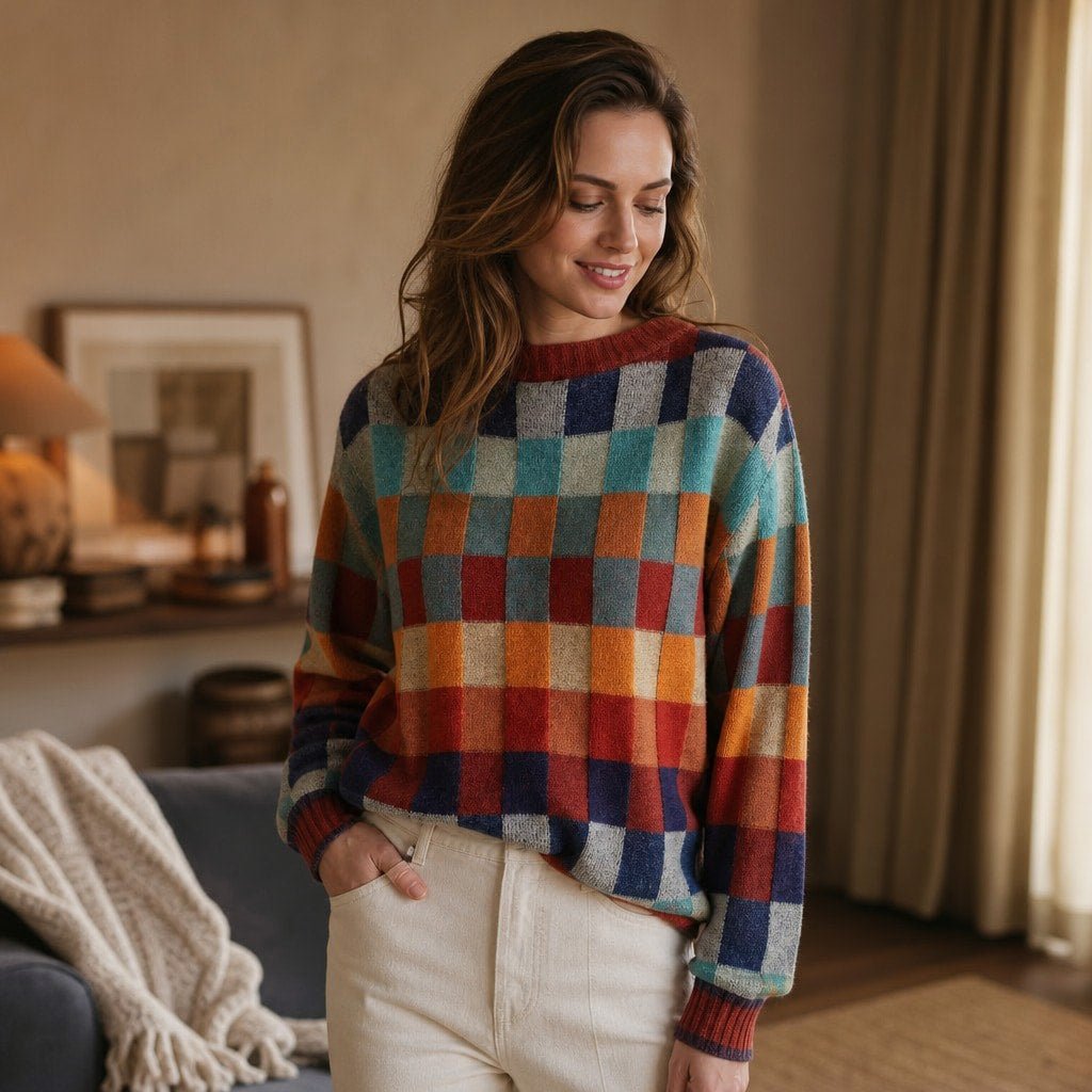 Women's Knit Sweater with Multicolor Plaid Pattern - Oversized Fit Red Orange Green Blue – Styled Editorial Shot