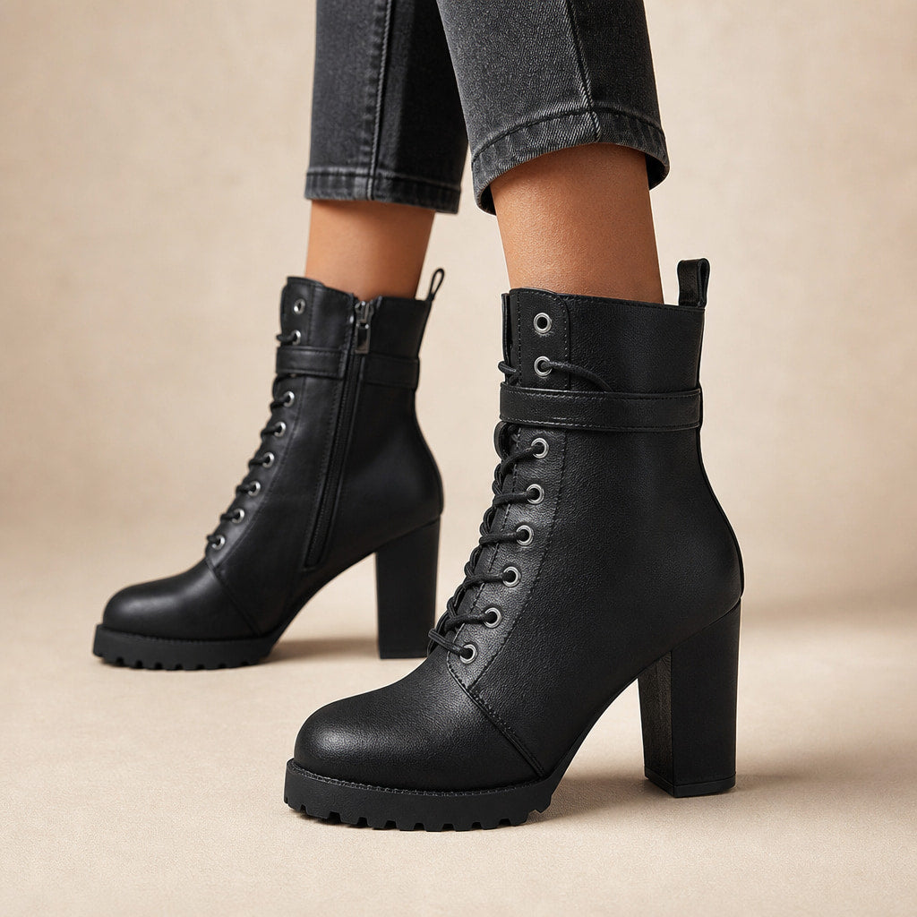 Women's Lace Up Combat Boots, Block Heel Military Ankle Booties Black – Product Photo