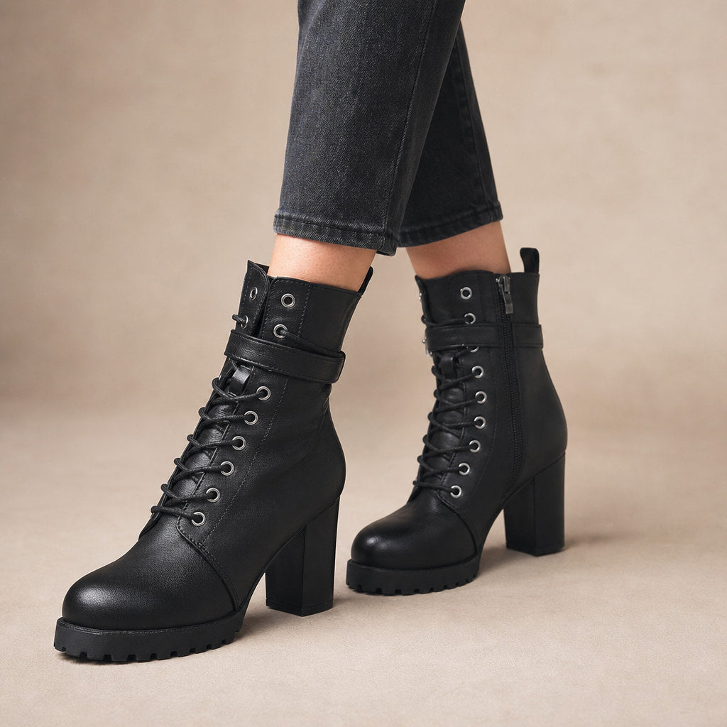 Women's Lace Up Combat Boots, Block Heel Military Ankle Booties in Black – Mampierimoda Premium Womenswear