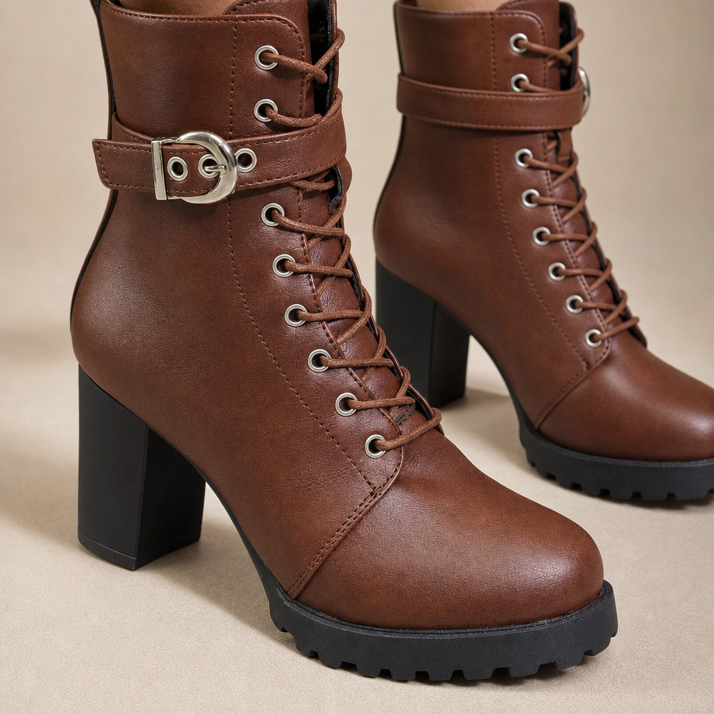 Women's Lace Up Combat Boots, Block Heel Military Ankle Booties Brown – Fabric and Detail Close-Up