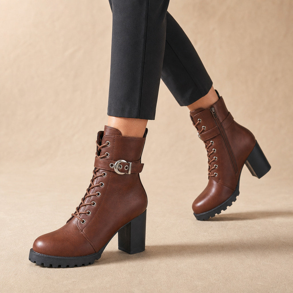 Women's Lace Up Combat Boots, Block Heel Military Ankle Booties Brown – Product Photo