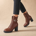 Women's Lace Up Combat Boots, Block Heel Military Ankle Booties Brown – Product Photo