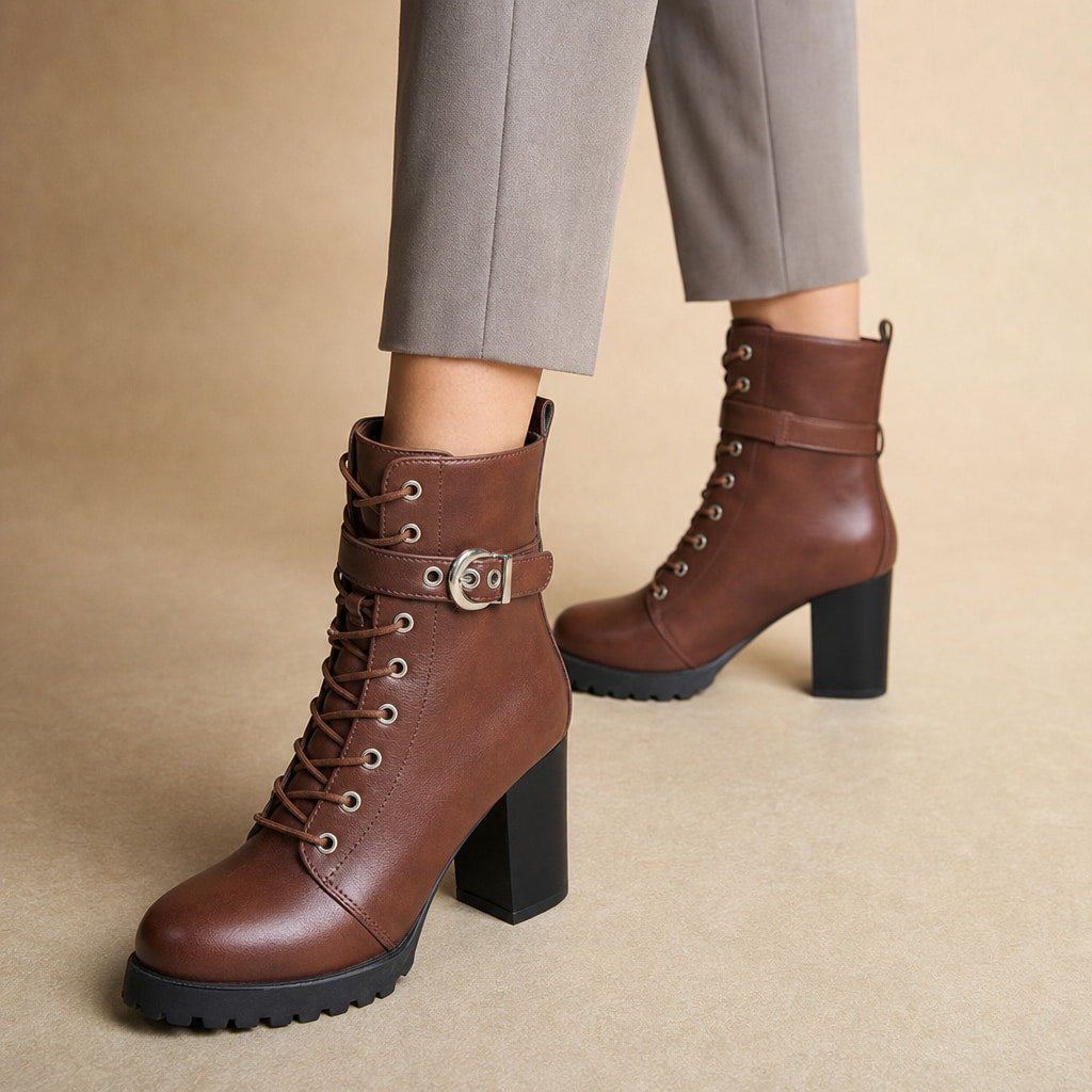 Women's Lace Up Combat Boots, Block Heel Military Ankle Booties in Brown – Mampierimoda Premium Womenswear