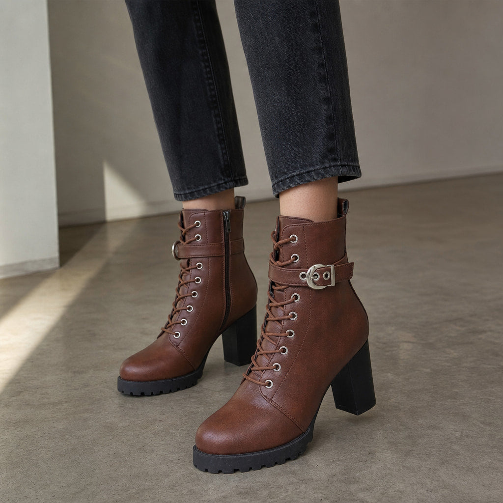 Women's Lace Up Combat Boots, Block Heel Military Ankle Booties Brown – Styled Editorial Shot, Detail