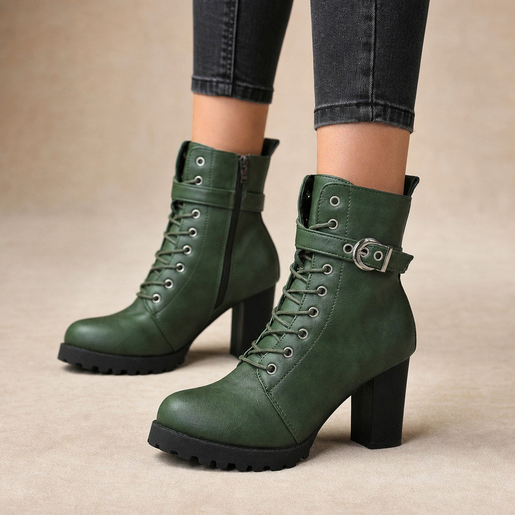 Women's Lace Up Combat Boots, Block Heel Military Ankle Booties Green – Product Photo