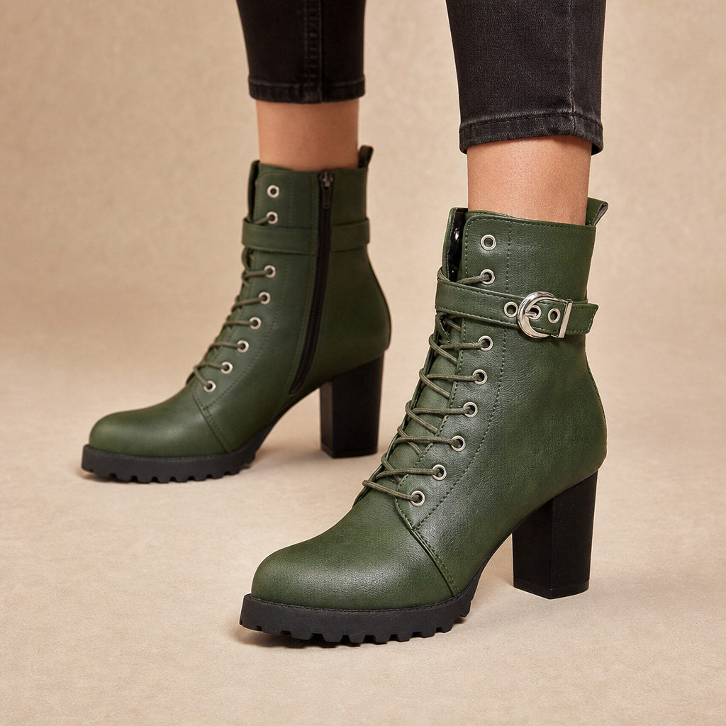 Women's Lace Up Combat Boots, Block Heel Military Ankle Booties in Green – Mampierimoda Premium Womenswear