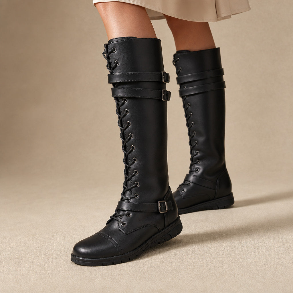 Women's Leather Platform Combat Knee High Boots Black – Product Photo