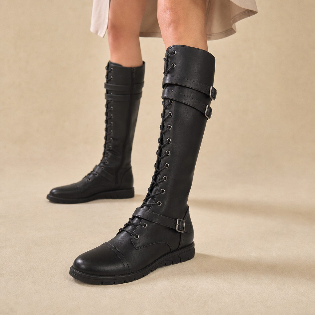 Women's Leather Platform Combat Knee High Boots in Black – Mampierimoda Premium Womenswear