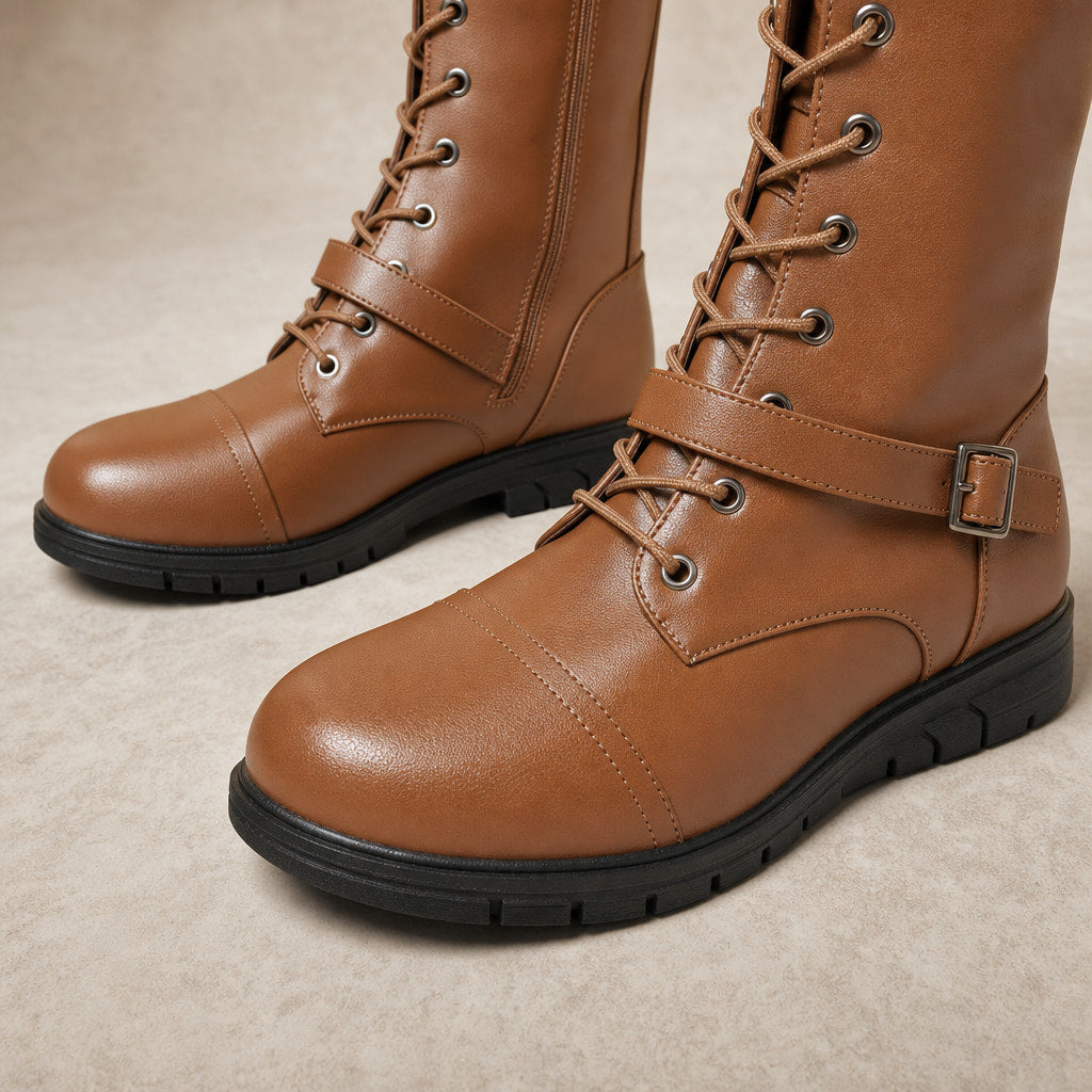 Women's Leather Platform Combat Knee High Boots Brown – Fabric and Detail Close-Up