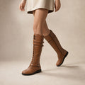 Women's Leather Platform Combat Knee High Boots Brown – Product Photo