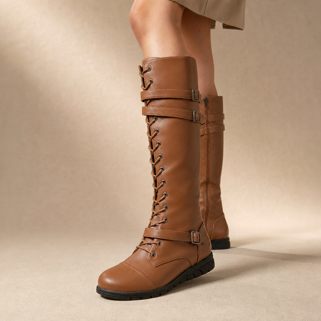 Women's Leather Platform Combat Knee High Boots in Brown – Mampierimoda Premium Womenswear